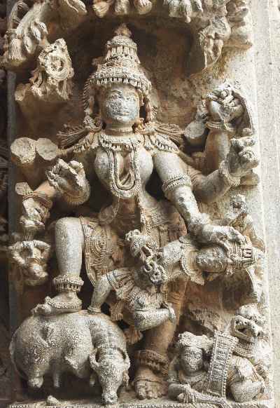 Durga fighting Asura Mahisha, at Keshava Devalaya temple, Somnathpur, near Mysore, Karnataka, India