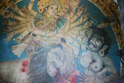 Fresco showing the slaying of Asura Mahisha at Bhagavatisthan Mandir (Durga Temple) in Tansen, Nepal