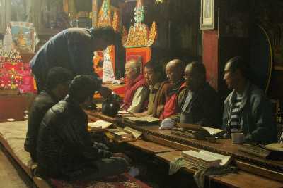 Tibetan Butter tea served during Buddhist Puja temple ceremony in Tarke Gyang, Helambu, Nepal