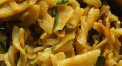 Nepali/Sherpa Food: Pasta, noodles fried with onion, turmeric and garlic