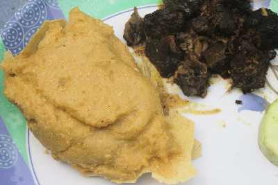 Nepali/Sherpa food: Dedo Masu, fried maize dumplings with dry-fried buffalo meat