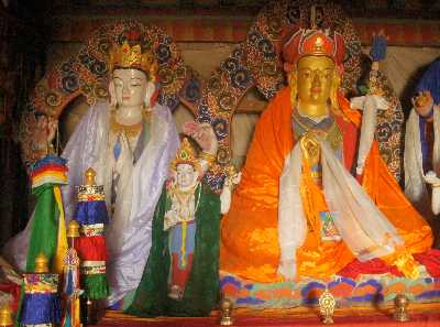 Avalokiteshvara and Padmasambhava in Chiri Gumba Buddhist monastery in Tarke Ghyang (Sherpa village in Helambu, Nepal)