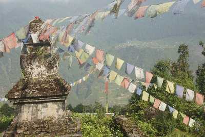 Buddhist Stupa and Prayer flags in Tarke Ghyang (Sherpa village in Helambu, Nepal)