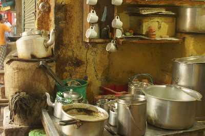 Teastall in Kachauri Gali, Old town of Varanasi, Uttar Pradesh, India
