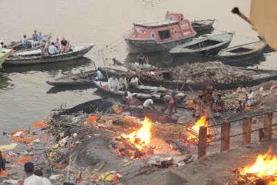 Pyres at the Burning Ghat at the Banks of the Ganges (Manikarnika Ghat) in Varanasi, Uttar Pradesh, India
