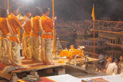 Hindu dancing ceremony Ganga Arti at Dashashvamedh-Ghat in Varanasi, Uttar Pradesh, India
