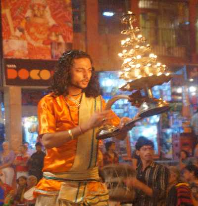 Hindu dancing ceremony Ganga Aarti at Dashashvamedh-Ghat in Varanasi, Uttar Pradesh, India